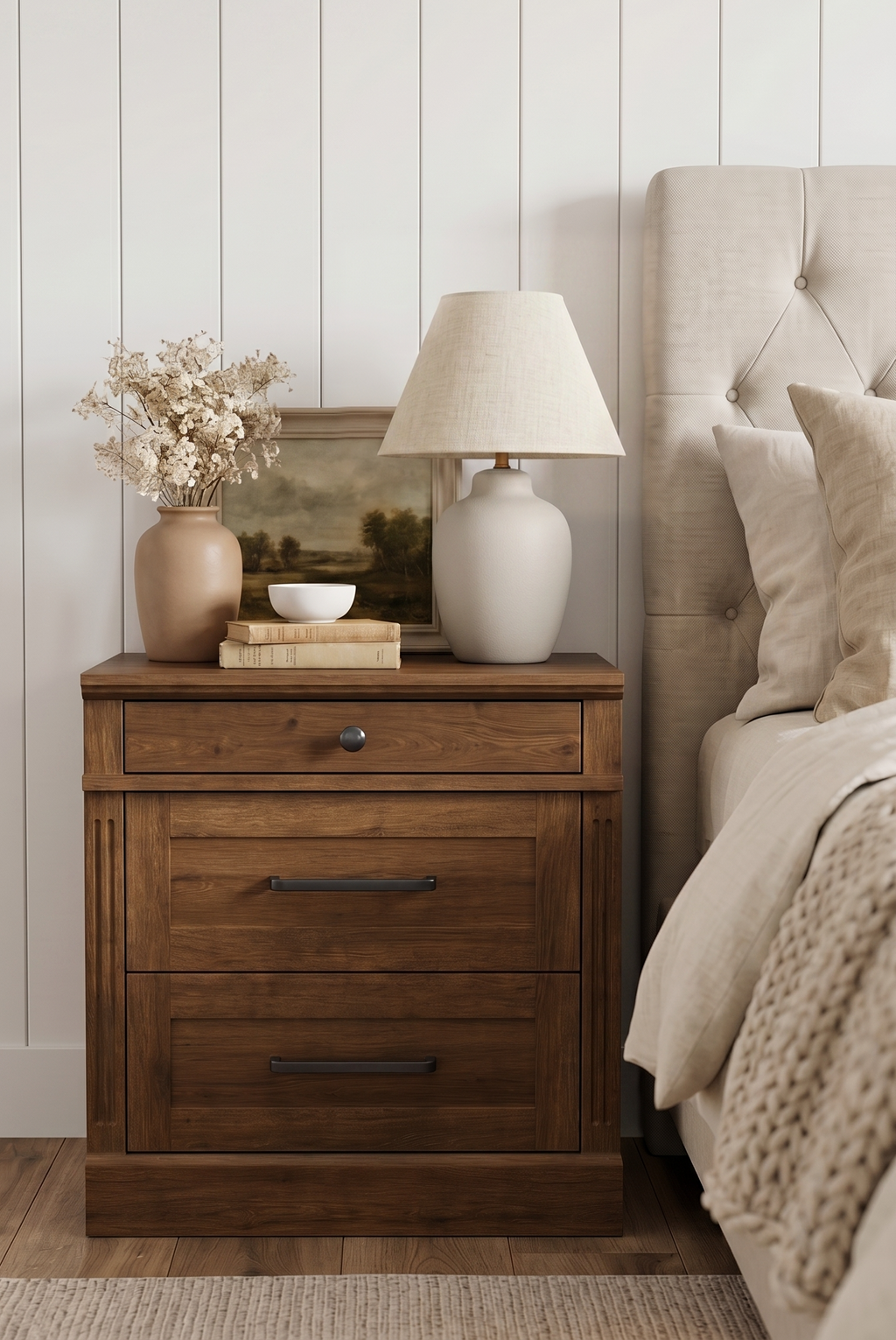 3-Drawer Wooden Nightstand | Recessed Panel Bedside Cabinet with Square Knobs & Warm Wood Finish