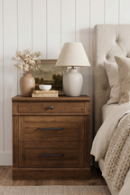 3-Drawer Wooden Nightstand | Recessed Panel Bedside Cabinet with Square Knobs & Warm Wood Finish