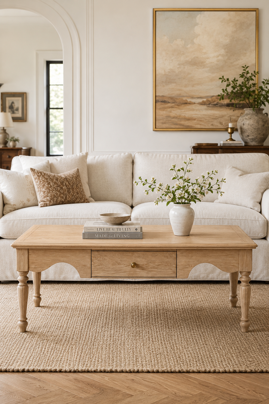 Rectangular Farmhouse Coffee Table with Storage Drawer, Vintage Turned Leg Wooden Cocktail Table, Traditional Rustic Tea Table for Living Room, Cottage & Apartment
