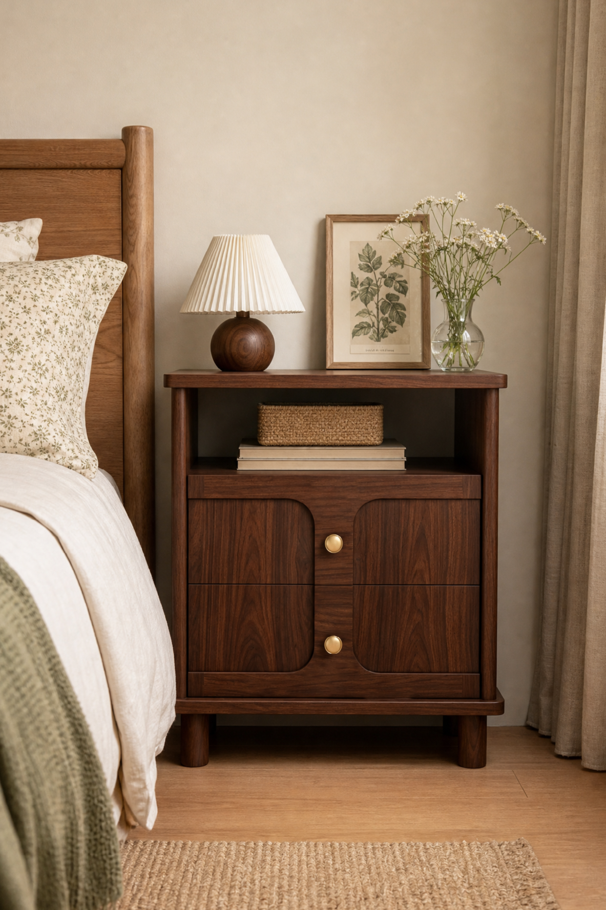 Mid-Century Modern Open Shelf Nightstand | Curved Panel Bedside Cabinet with Brass Knobs