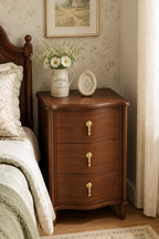 3-Drawer Curved Front Wooden Nightstand | Vintage Cottage Bedside Cabinet with Ornate Brass Pulls & Curved Bun Legs