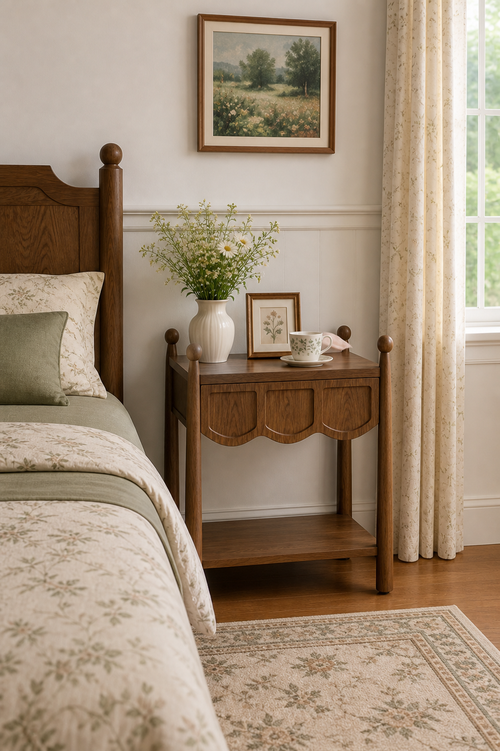 2-Style Vintage Wooden Nightstand Collection | Scalloped Drawer & Recessed Panel Open Storage Bedside Table with Ball Turned Posts