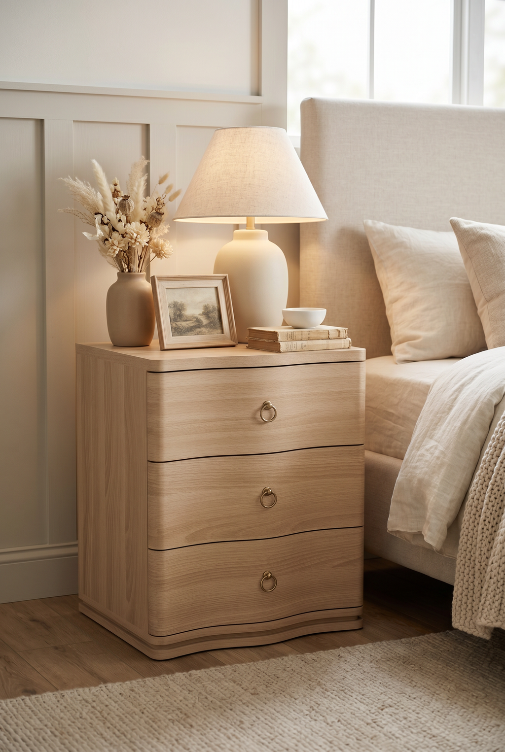 Curved 3-Drawer Wooden Nightstand | Modern Bedside Cabinet with Soft Rounded Edges &amp; Brass Ring Pulls