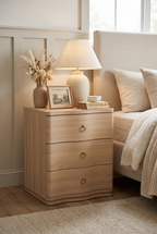 Curved 3-Drawer Wooden Nightstand | Modern Bedside Cabinet with Soft Rounded Edges &amp; Brass Ring Pulls