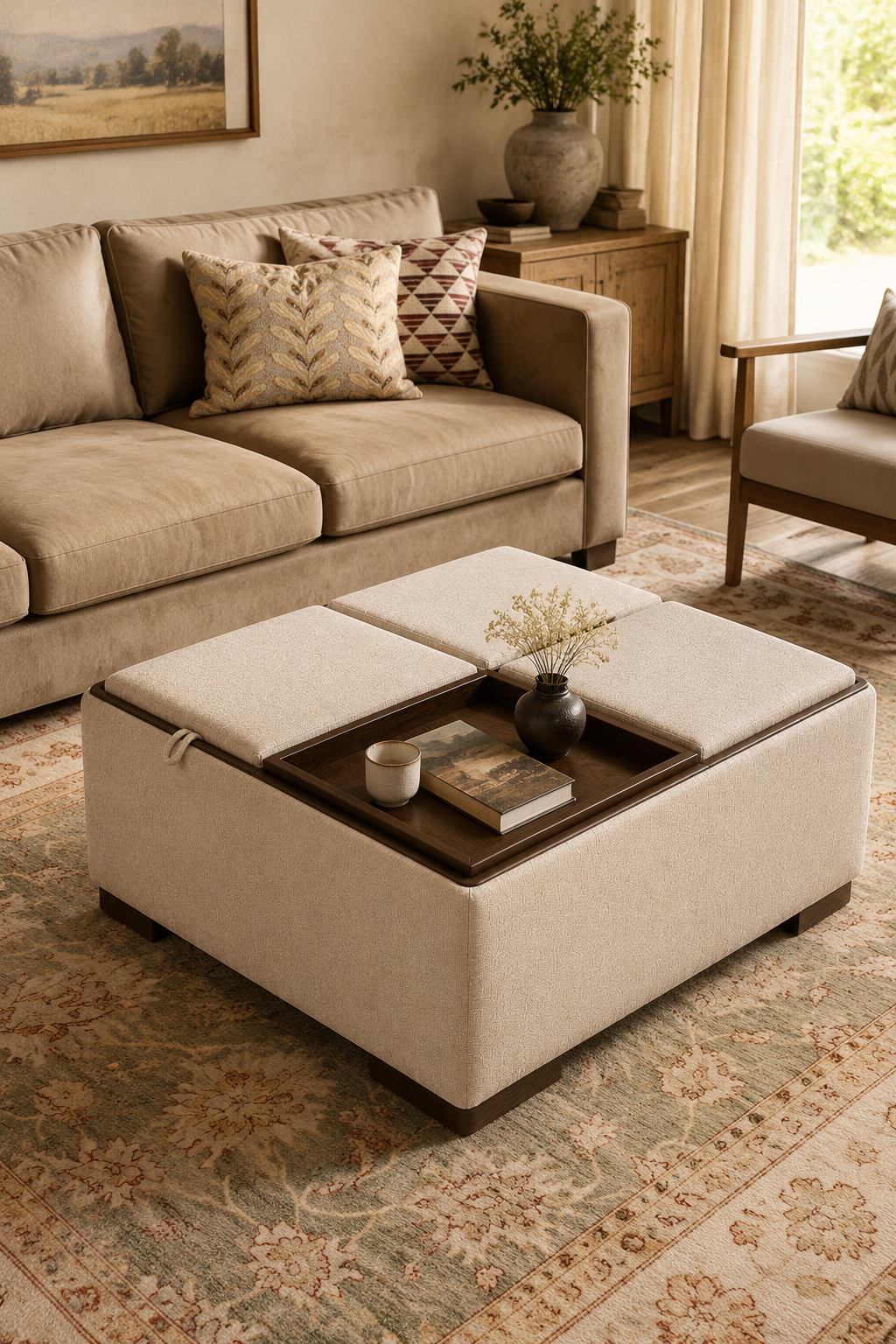 Square Upholstered Storage Coffee Table, Multi‑Functional Ottoman Cocktail Table with Lift‑Top Compartment, Versatile Living Room Central Table for Casual Gatherings & Hidden Storage