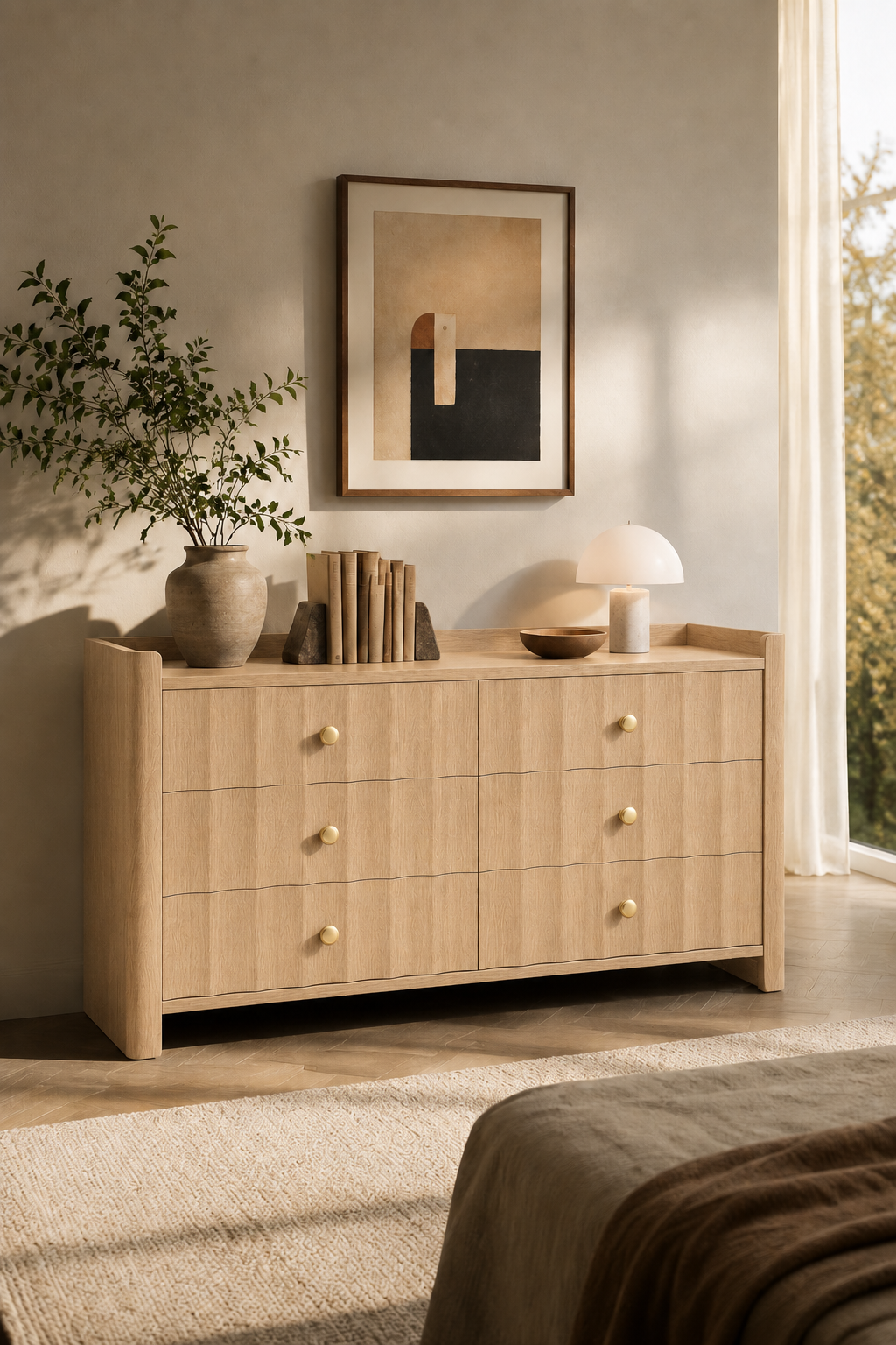 Wooden Wide Dresser with 6 Drawers, Wave Textured Chest of Drawers with Metal Knobs, Modern Rustic Storage Cabinet for Bedroom, Large Capacity Clothing Organizer