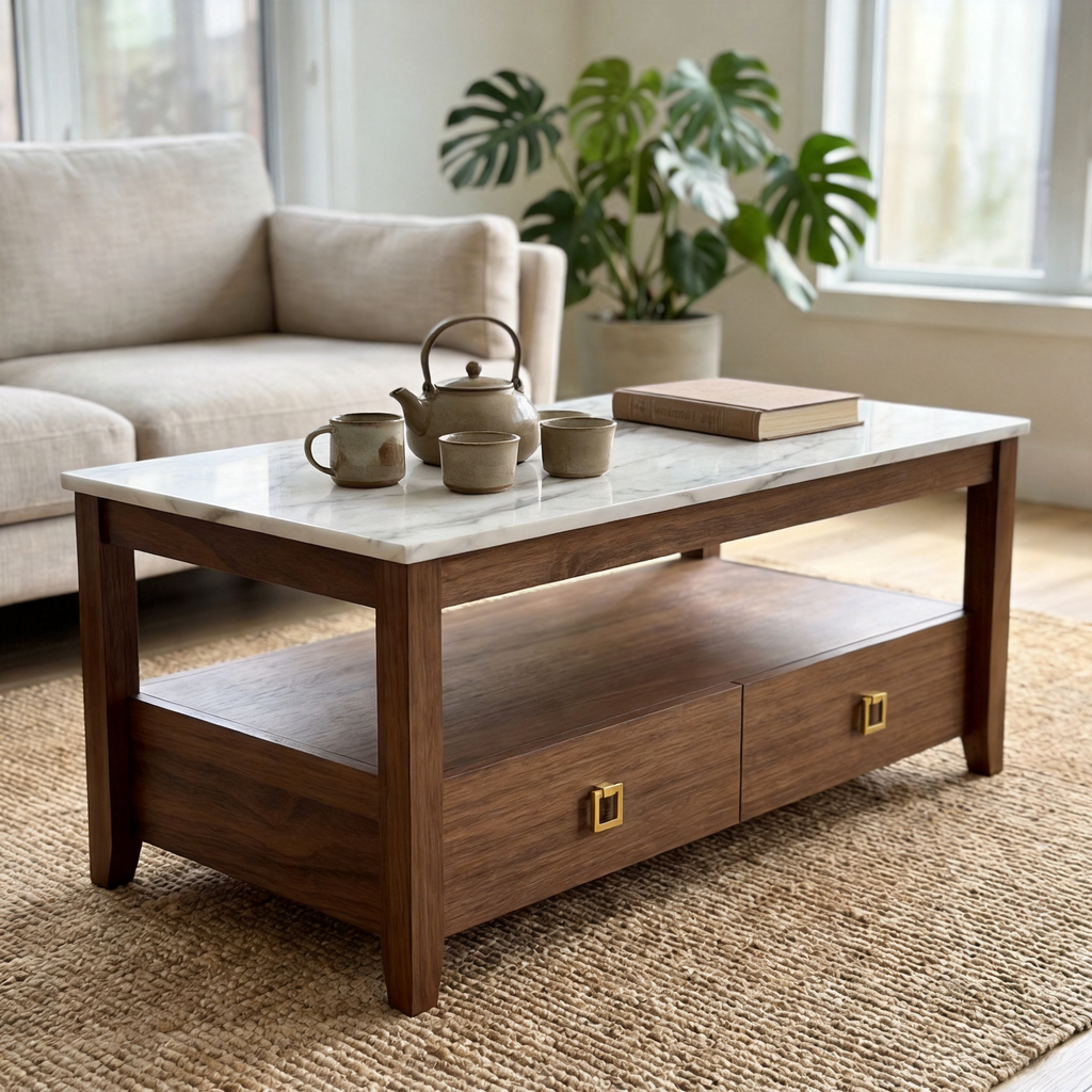 Marble Top 2-Drawer Wooden Coffee Table, Rectangular Storage Center Table with Gold Square Pulls, Modern Farmhouse Living Room Cocktail Table