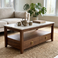 Marble Top 2-Drawer Wooden Coffee Table, Rectangular Storage Center Table with Gold Square Pulls, Modern Farmhouse Living Room Cocktail Table