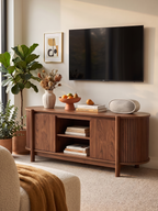 Fluted Curved TV Stand Media Console, Rounded Edge Wooden Entertainment Center with Slatted Side Panels, 2 Hidden Cabinet Doors & Open Middle Storage Compartment, Mid Century Modern TV Cabinet for Living Room