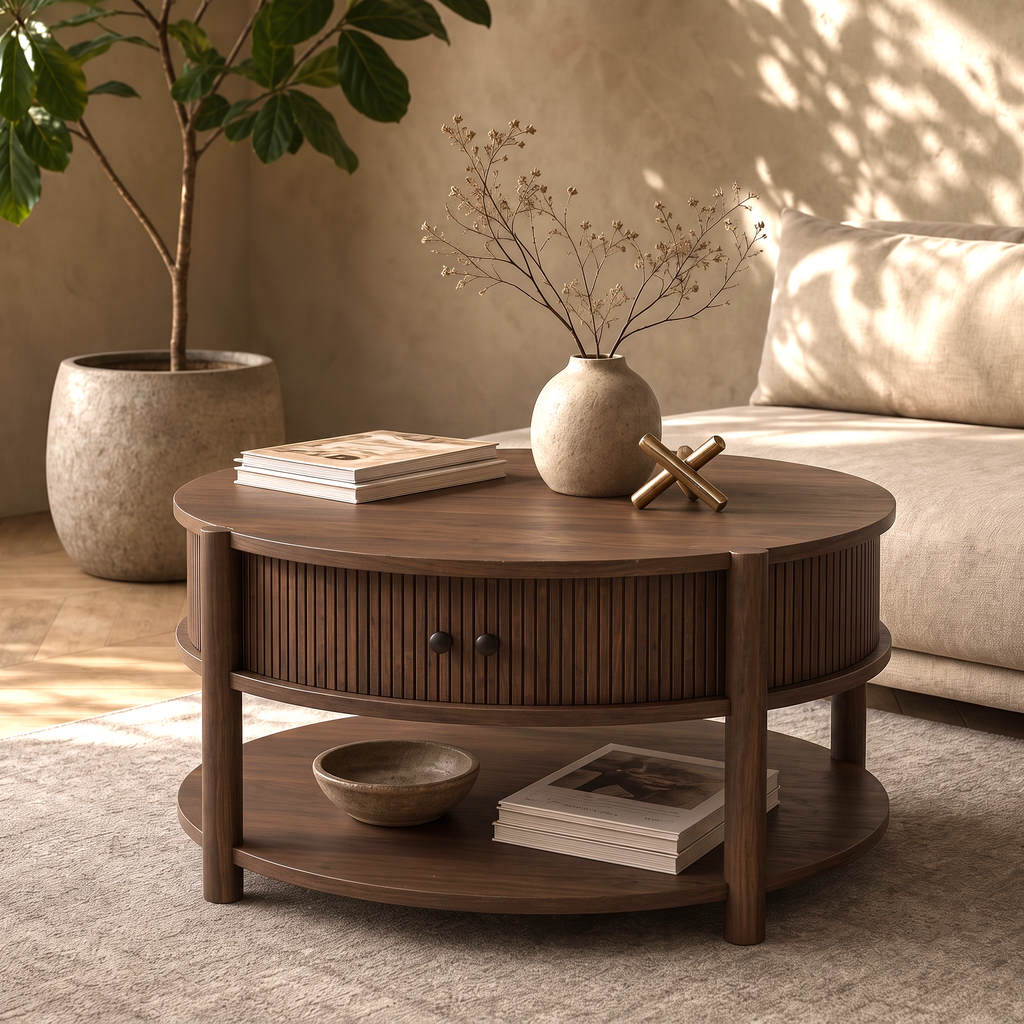 Round Fluted Wooden Coffee Table, 2-Tier Ribbed Cocktail Table with Sliding Storage Cabinet & Open Lower Shelf, Japandi Circular Center Table for Living Room, Multiple Wood Tone Options