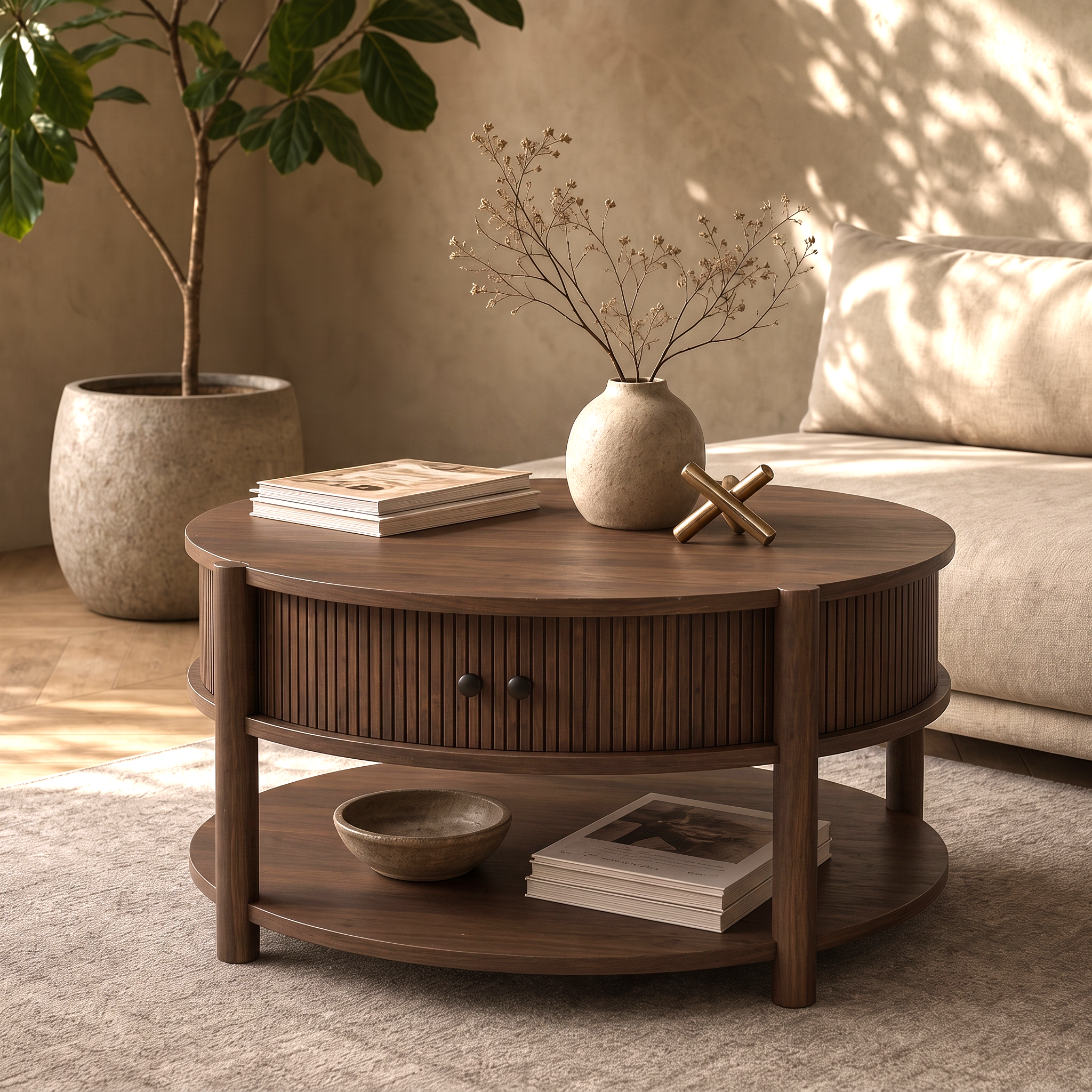 Round Fluted Wooden Coffee Table, 2-Tier Ribbed Cocktail Table with Sliding Storage Cabinet & Open Lower Shelf, Japandi Circular Center Table for Living Room, Multiple Wood Tone Options