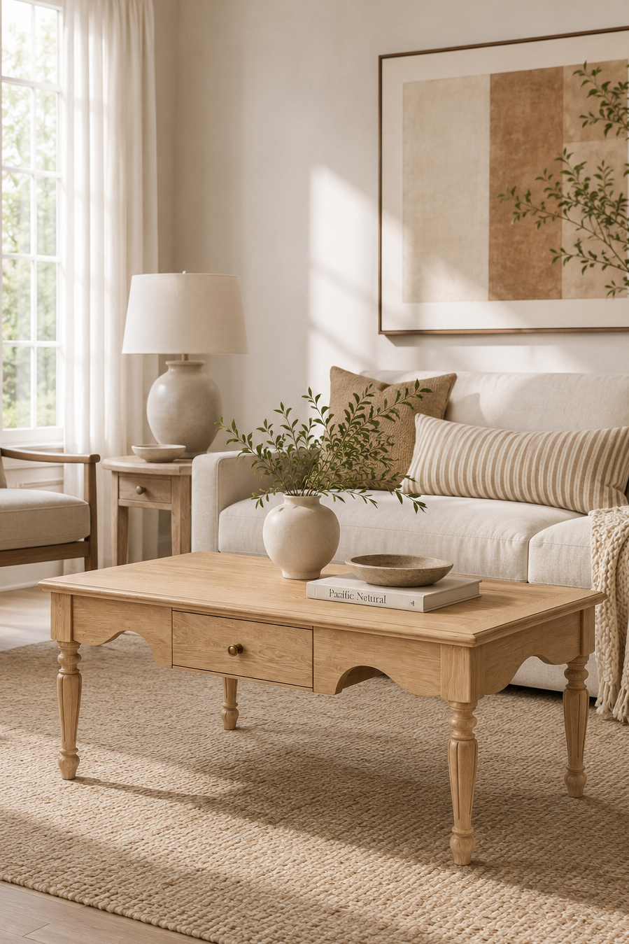 Rectangular Farmhouse Coffee Table with Storage Drawer, Vintage Turned Leg Wooden Cocktail Table, Traditional Rustic Tea Table for Living Room, Cottage & Apartment