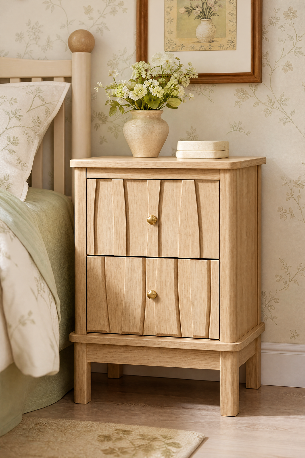 Textured 2-Drawer Bedside Nightstand | Modern Wooden Cabinet with Vertical Groove Detailing