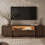 Wabi-Sabi Wooden TV Stand with Built-In LED Lighting, Symmetrical Media Console with Closed Side Cabinets, Central Drawers & Open Display Nook, Minimalist Entertainment Center for Living Room