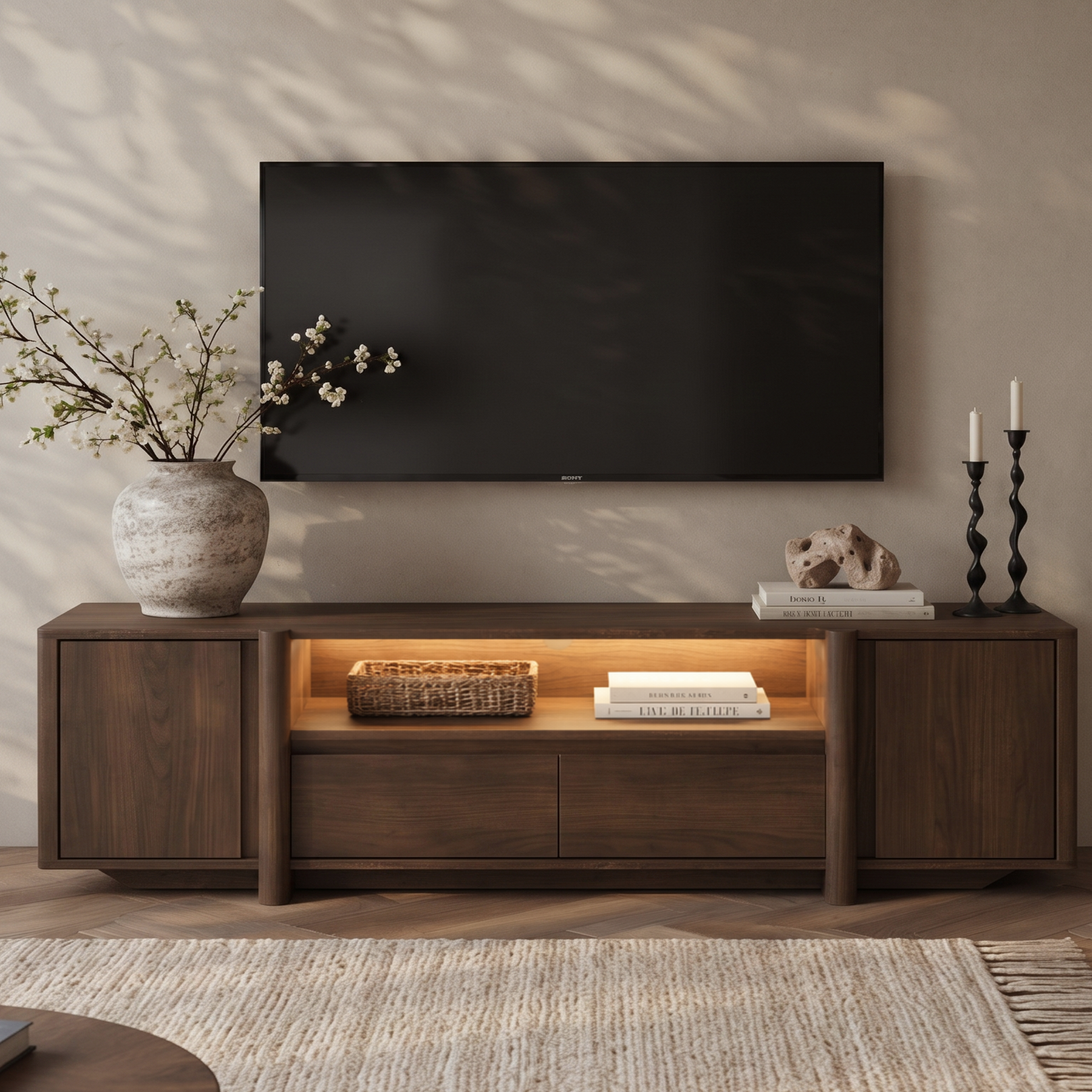 Wabi-Sabi Wooden TV Stand with Built-In LED Lighting, Symmetrical Media Console with Closed Side Cabinets, Central Drawers & Open Display Nook, Minimalist Entertainment Center for Living Room