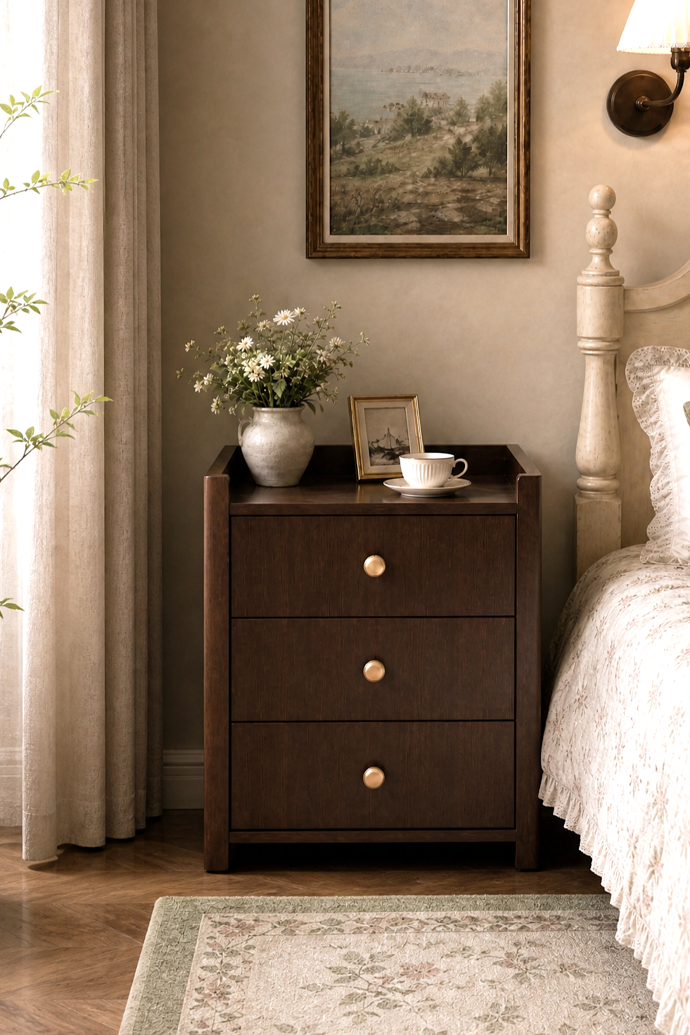 3-Drawer Wooden Nightstand with Raised Rail Top | Modern Farmhouse Bedside Cabinet with Brass Knobs