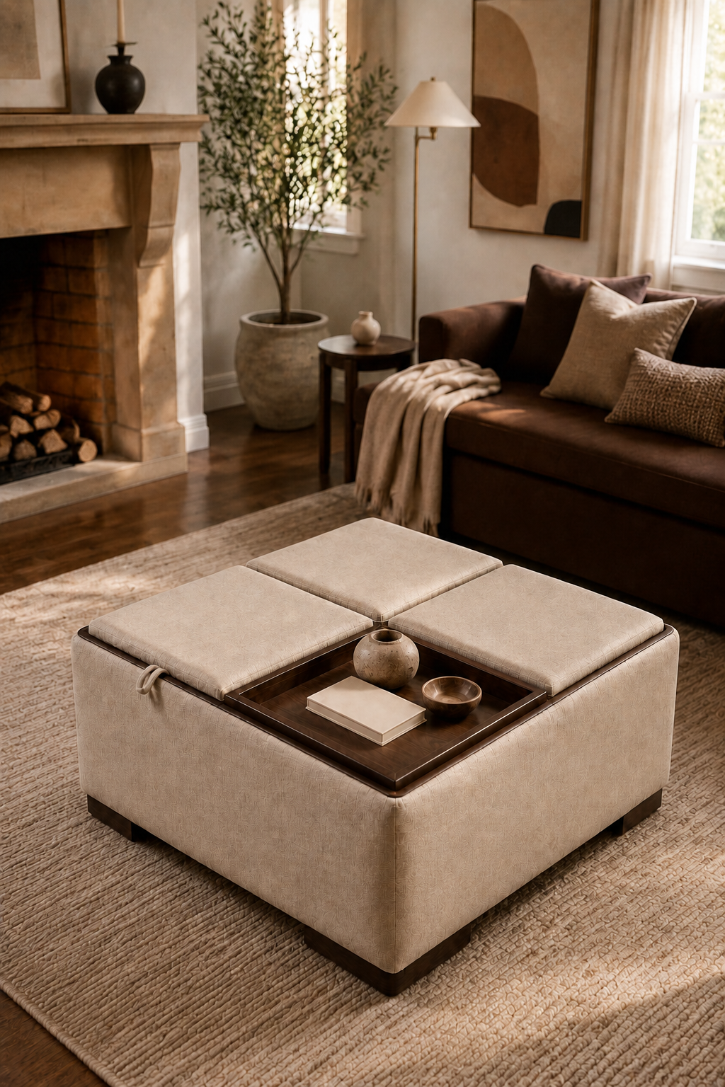 Square Upholstered Storage Coffee Table, Multi‑Functional Ottoman Cocktail Table with Lift‑Top Compartment, Versatile Living Room Central Table for Casual Gatherings & Hidden Storage
