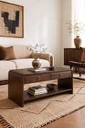 2-Drawer Curved Edge Wooden Coffee Table | Rectangular Storage Center Table with Open Bottom Shelf & Round Brass Ring Pulls