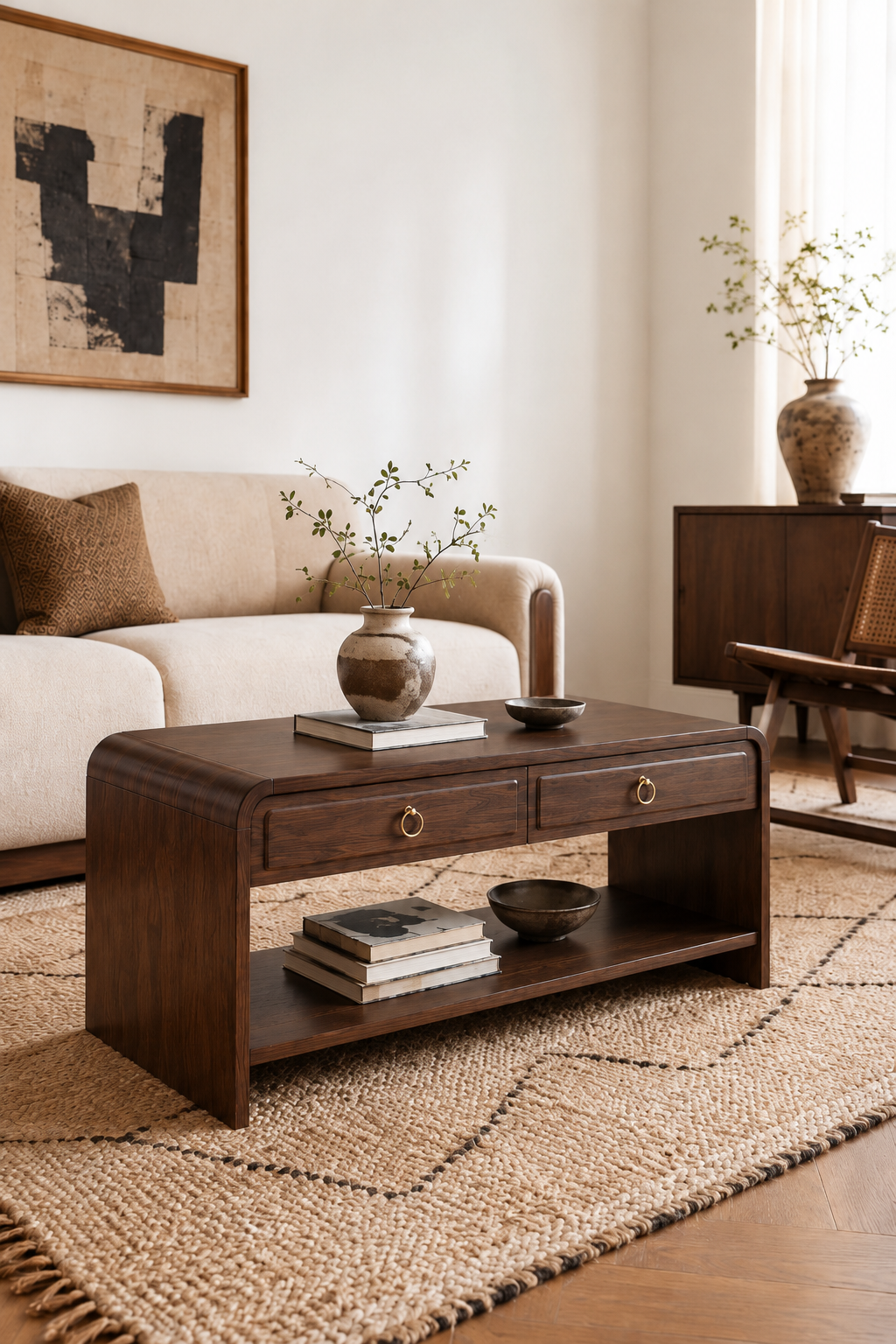 2-Drawer Curved Edge Wooden Coffee Table | Rectangular Storage Center Table with Open Bottom Shelf & Round Brass Ring Pulls