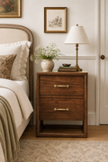 2-Drawer Rustic Wooden Nightstand with Open Bottom Shelf, Rectangular Floating Frame Bedside Cabinet, Vintage Storage End Table with Long Bar Brass Pulls for Bedroom