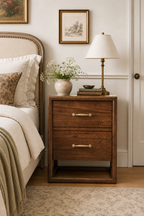 2-Drawer Rustic Wooden Nightstand with Open Bottom Shelf, Rectangular Floating Frame Bedside Cabinet, Vintage Storage End Table with Long Bar Brass Pulls for Bedroom