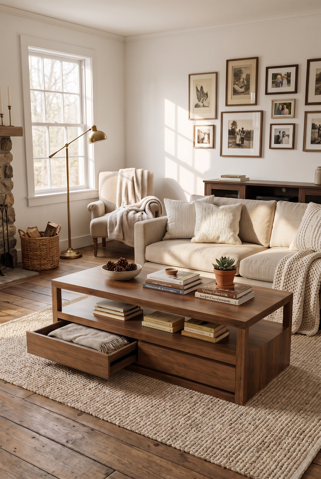 2-Drawer Open Frame Wooden Coffee Table, Rectangular Rustic Storage Center Table with Side Pull-Out Drawers & Wide Open Lower Shelf, Minimal Farmhouse Cocktail Table for Living Room