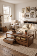 2-Drawer Open Frame Wooden Coffee Table, Rectangular Rustic Storage Center Table with Side Pull-Out Drawers & Wide Open Lower Shelf, Minimal Farmhouse Cocktail Table for Living Room