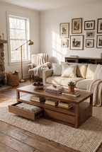2-Drawer Open Frame Wooden Coffee Table, Rectangular Rustic Storage Center Table with Side Pull-Out Drawers & Wide Open Lower Shelf, Minimal Farmhouse Cocktail Table for Living Room