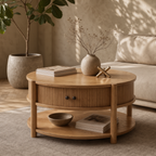 Round Fluted Wooden Coffee Table, 2-Tier Ribbed Cocktail Table with Sliding Storage Cabinet & Open Lower Shelf, Japandi Circular Center Table for Living Room, Multiple Wood Tone Options