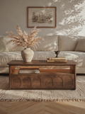 Arched Recessed Panel Wooden Coffee Table, Rectangular 2-Drawer Storage Cocktail Table with Open Upper Shelf, Minimal Vintage Center Table for Living Room