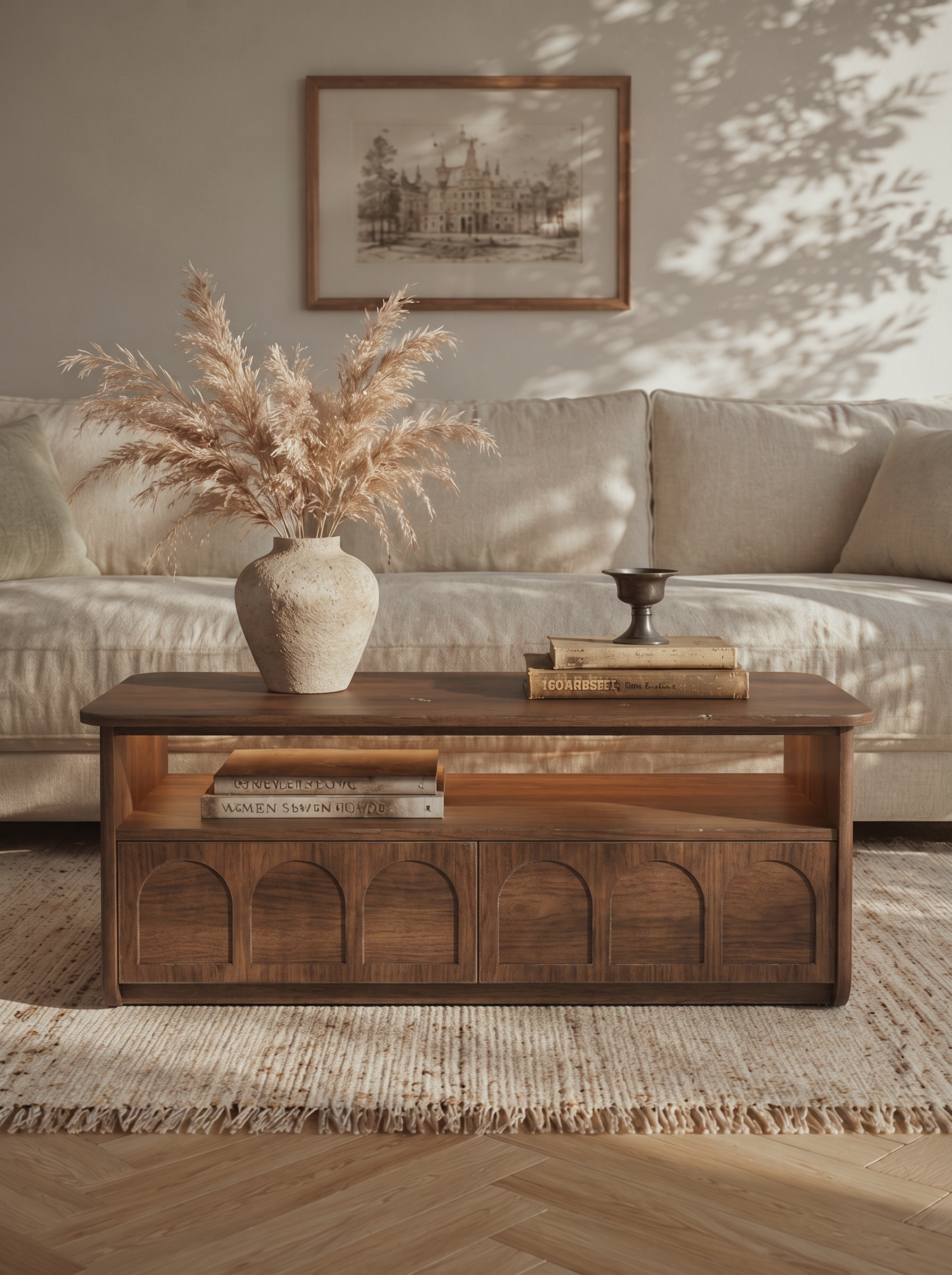 Arched Recessed Panel Wooden Coffee Table, Rectangular 2-Drawer Storage Cocktail Table with Open Upper Shelf, Minimal Vintage Center Table for Living Room