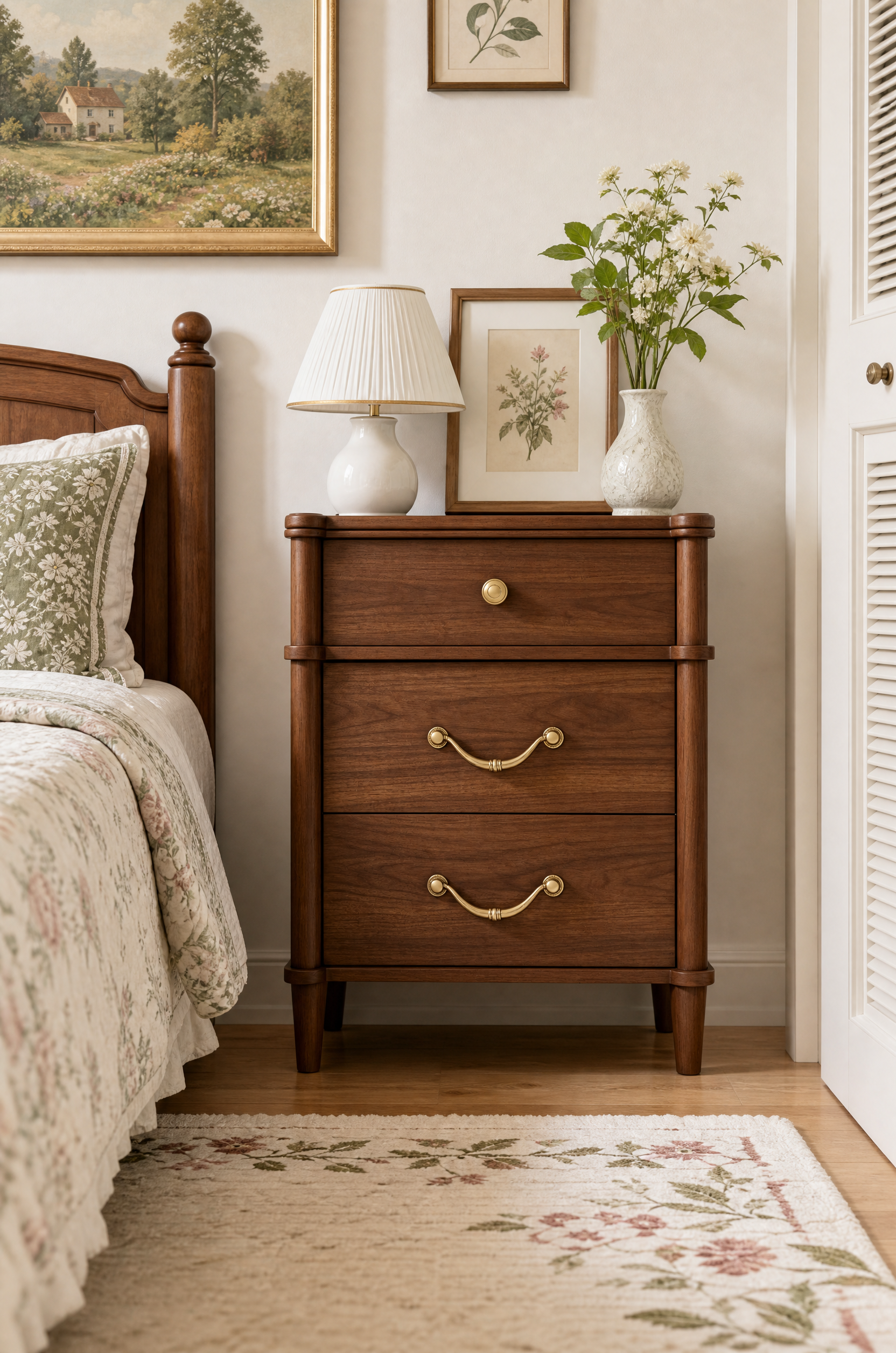 3-Drawer Vintage Wooden Nightstand | Turned Post Bedside Cabinet with Mixed Brass Hardware & Tapered Legs