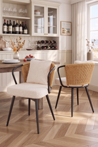 Set of 2 & Set of 4 Rattan Dining Chairs, Mid Century Natural Woven Rattan Kitchen Chairs with Ergonomic Curved Backrest, Upholstered Seat & Throw Pillow, Stable Metal Leg Accent Chairs for Dining Room & Living Room