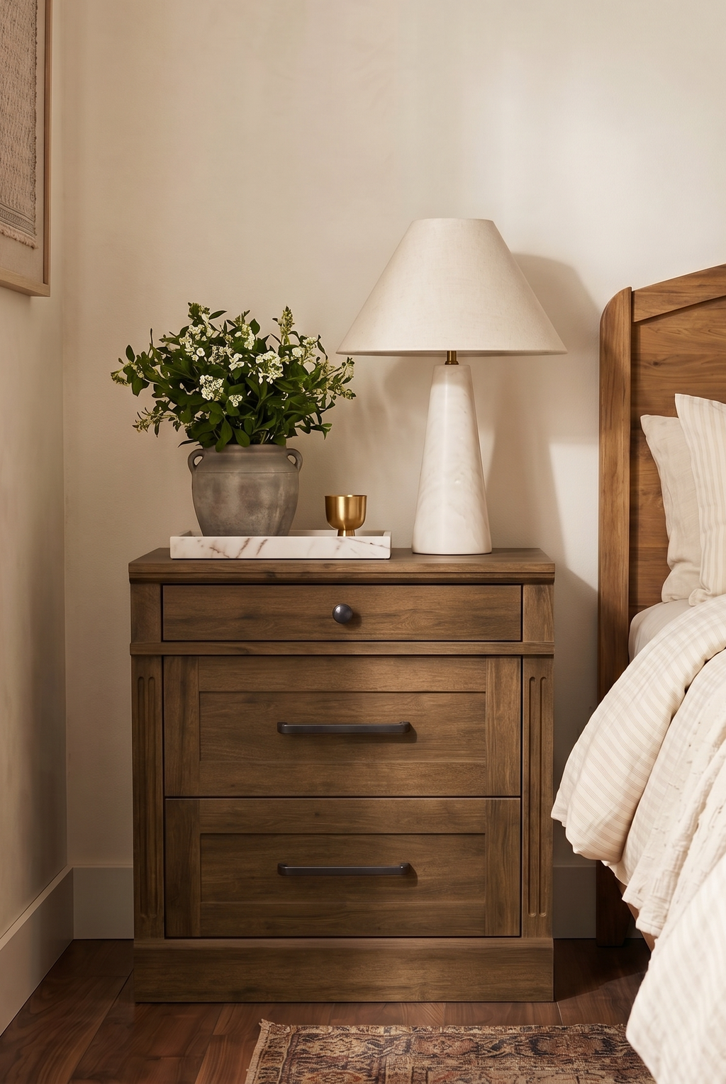3-Drawer Wooden Nightstand | Recessed Panel Bedside Cabinet with Square Knobs & Warm Wood Finish