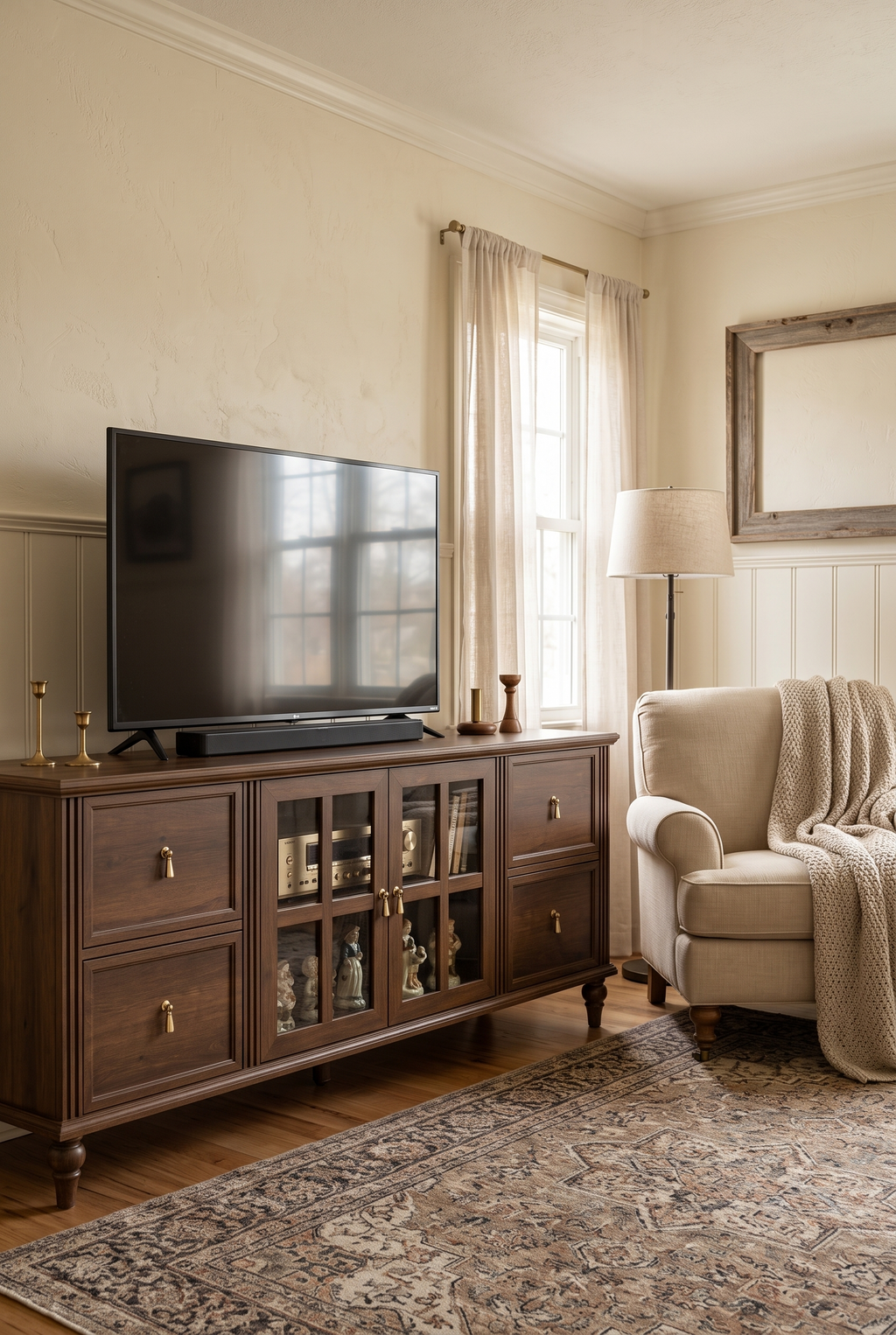 62 Inch Farmhouse Wood TV Stand Fits up to 65 Inch TV, Rustic Entertainment Center with 4 Storage Drawers, 2 Arched Glass Doors & Adjustable Shelves, Turned Round Leg Media Console Credenza for Living Room
