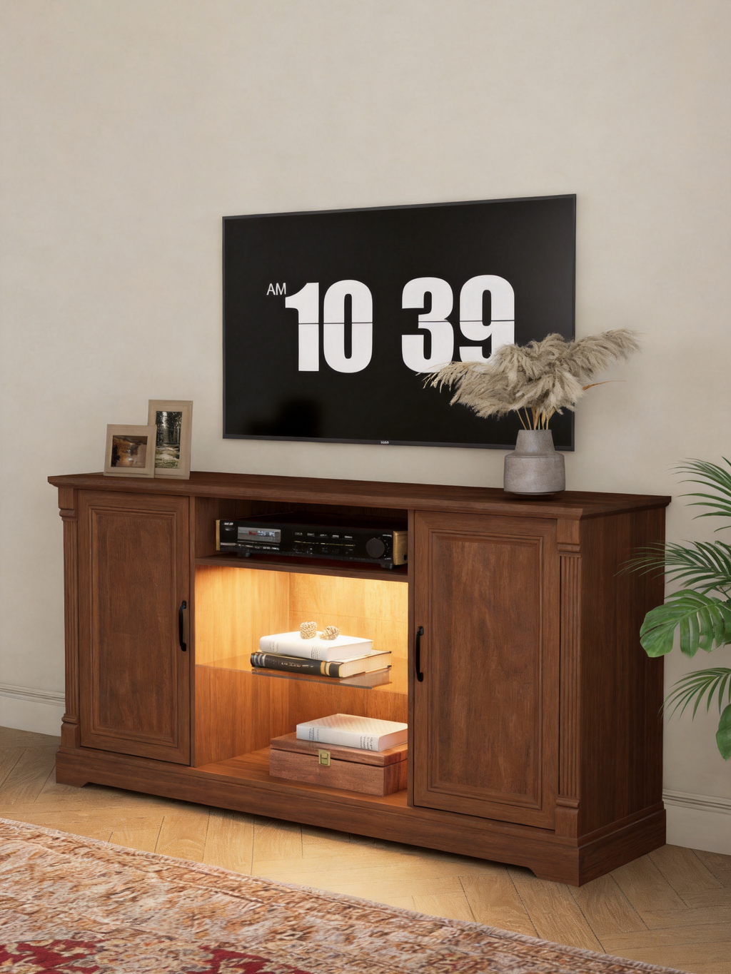 Wooden TV Stand Media Console with Built-In LED Light, 2 Closed Storage Doors & Central Glass Shelf Compartment, Traditional Fluted Trim Entertainment Center for Living Room