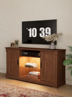 Wooden TV Stand Media Console with Built-In LED Light, 2 Closed Storage Doors & Central Glass Shelf Compartment, Traditional Fluted Trim Entertainment Center for Living Room
