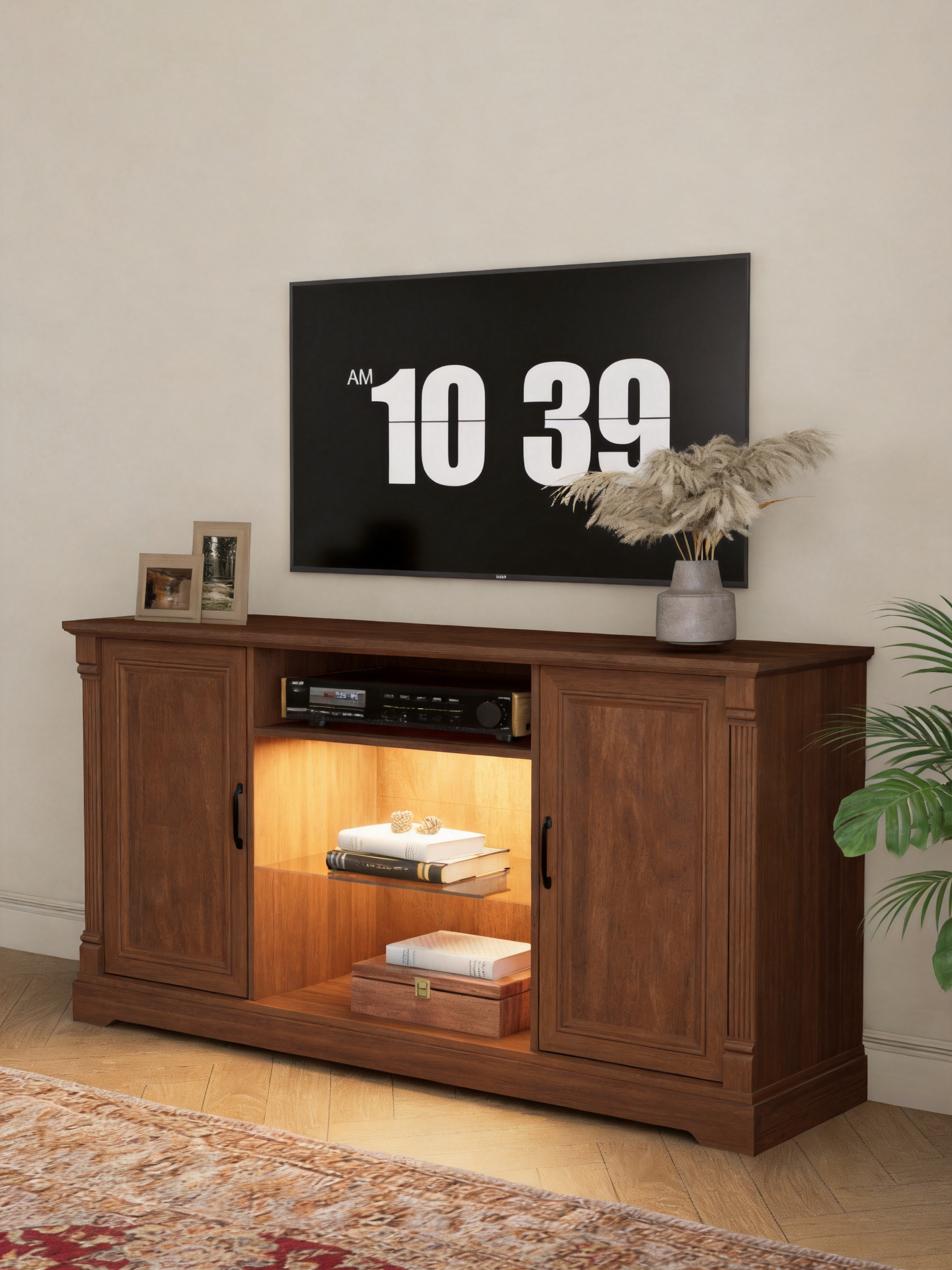Wooden TV Stand Media Console with Built-In LED Light, 2 Closed Storage Doors & Central Glass Shelf Compartment, Traditional Fluted Trim Entertainment Center for Living Room