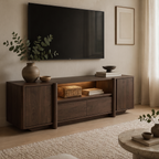 Wabi-Sabi Wooden TV Stand with Built-In LED Lighting, Symmetrical Media Console with Closed Side Cabinets, Central Drawers & Open Display Nook, Minimalist Entertainment Center for Living Room