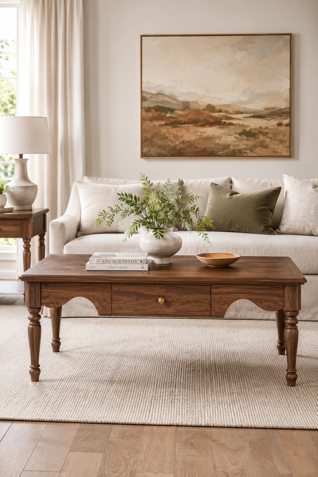 Rectangular Farmhouse Coffee Table with Storage Drawer, Vintage Turned Leg Wooden Cocktail Table, Traditional Rustic Tea Table for Living Room, Cottage & Apartment