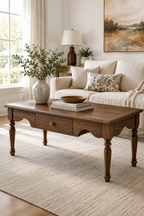Rectangular Farmhouse Coffee Table with Storage Drawer, Vintage Turned Leg Wooden Cocktail Table, Traditional Rustic Tea Table for Living Room, Cottage & Apartment