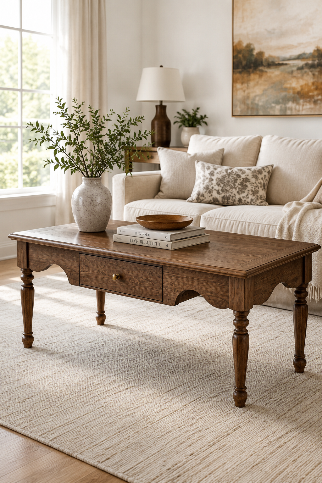 Rectangular Farmhouse Coffee Table with Storage Drawer, Vintage Turned Leg Wooden Cocktail Table, Traditional Rustic Tea Table for Living Room, Cottage & Apartment