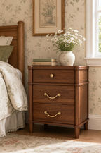 3-Drawer Vintage Wooden Nightstand | Turned Post Bedside Cabinet with Mixed Brass Hardware & Tapered Legs