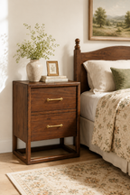 2-Drawer Rustic Wooden Nightstand with Open Bottom Shelf, Rectangular Floating Frame Bedside Cabinet, Vintage Storage End Table with Long Bar Brass Pulls for Bedroom