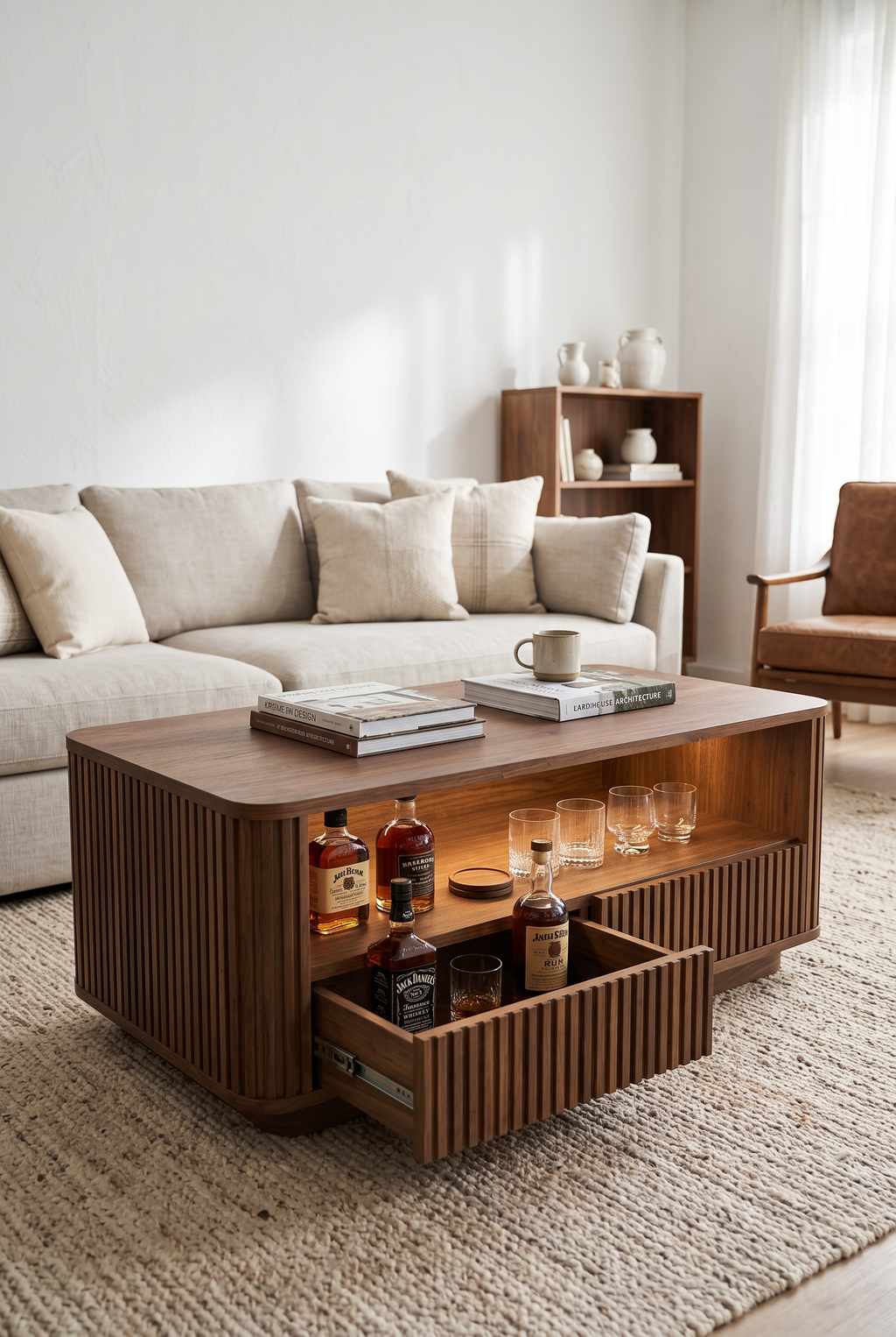 Vertical Fluted Wooden Coffee Table with Built-In LED Light, Pull-Out Storage Drawer & Open Bar Shelf, Curved Edge Ribbed Cocktail Table for Living Room Bar Storage