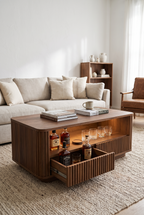 Vertical Fluted Wooden Coffee Table with Built-In LED Light, Pull-Out Storage Drawer & Open Bar Shelf, Curved Edge Ribbed Cocktail Table for Living Room Bar Storage