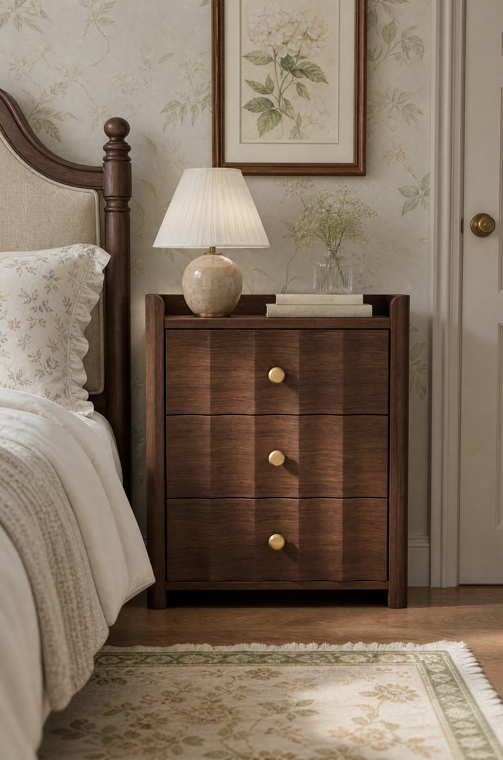 3-Drawer Wooden Nightstand with Raised Rail Top | Modern Farmhouse Bedside Cabinet with Brass Knobs