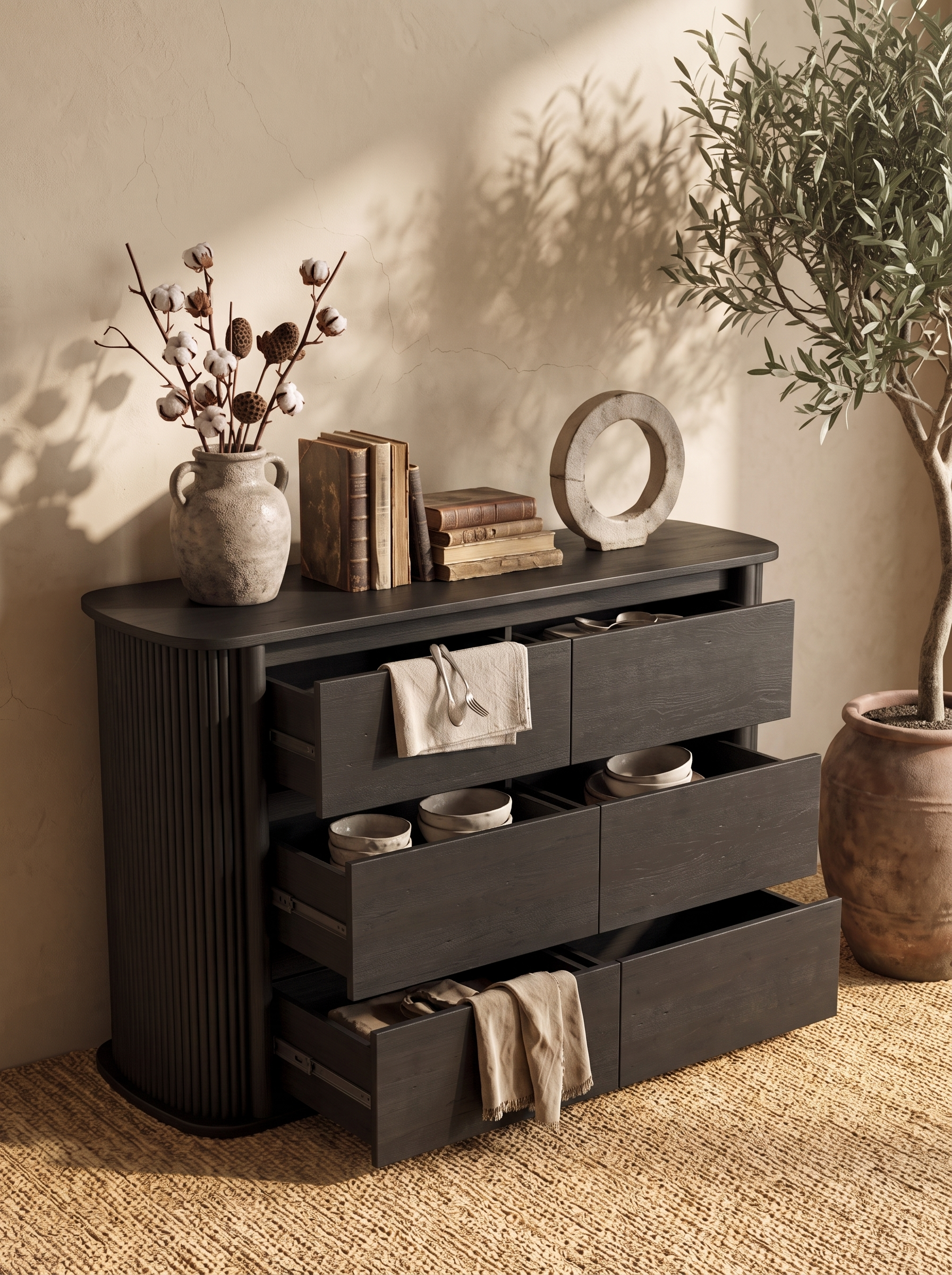 6-Drawer Fluted Sideboard Dresser, Curved Edge Wide Wooden Storage Chest with Vertical Ribbed Panels, Minimal Wabi-Sabi Bedroom Dresser & Living Room Buffet Cabinet