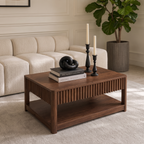 Convertible Fluted Wooden Coffee Table, 2-in-1 Rectangular Ribbed Cocktail Table with Detachable Storage Drawers & Open Lower Shelf, Multi-Functional Wave Panel Center Table for Living Room