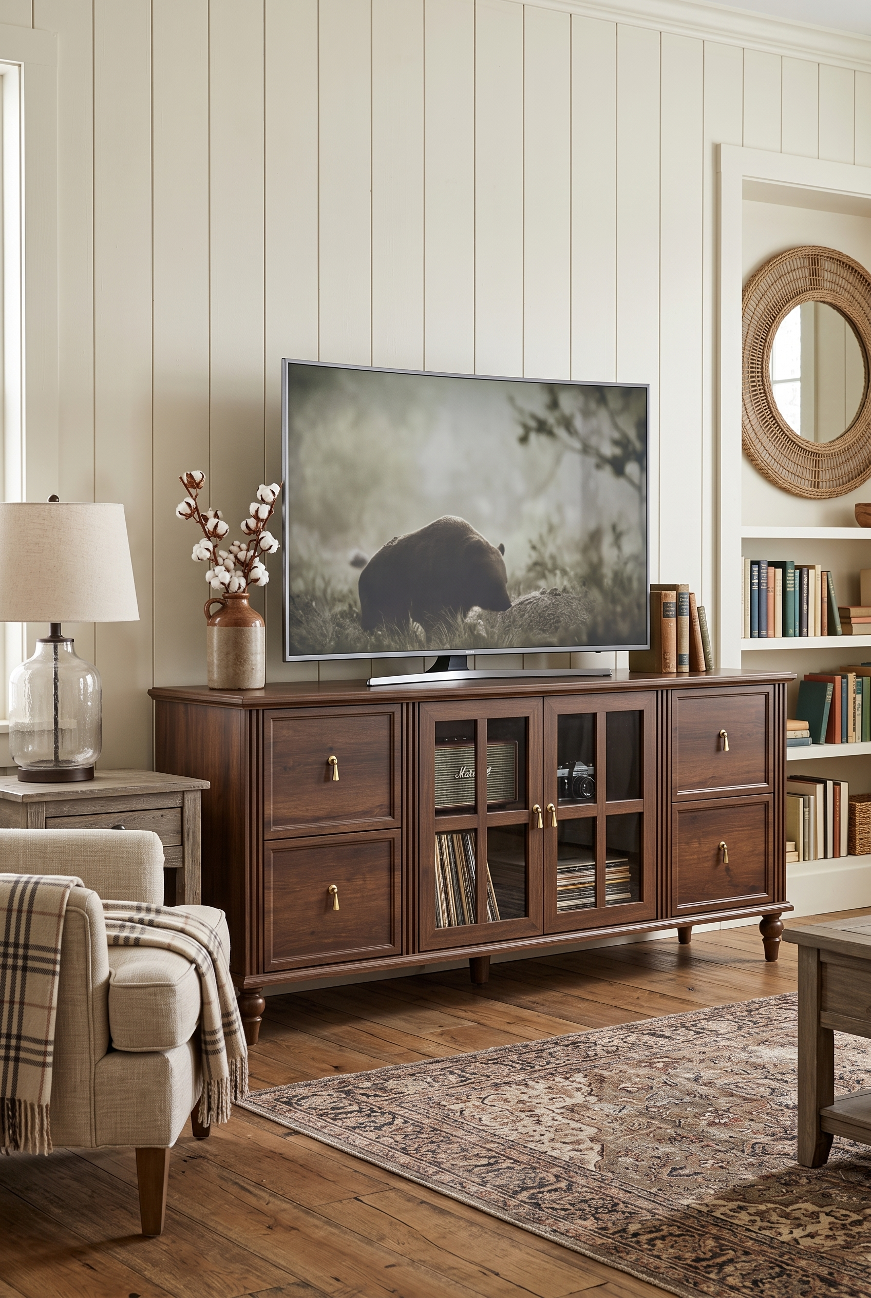 62 Inch Farmhouse Wood TV Stand Fits up to 65 Inch TV, Rustic Entertainment Center with 4 Storage Drawers, 2 Arched Glass Doors & Adjustable Shelves, Turned Round Leg Media Console Credenza for Living Room